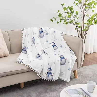 Christmas Plush Blanket With Pom Poms